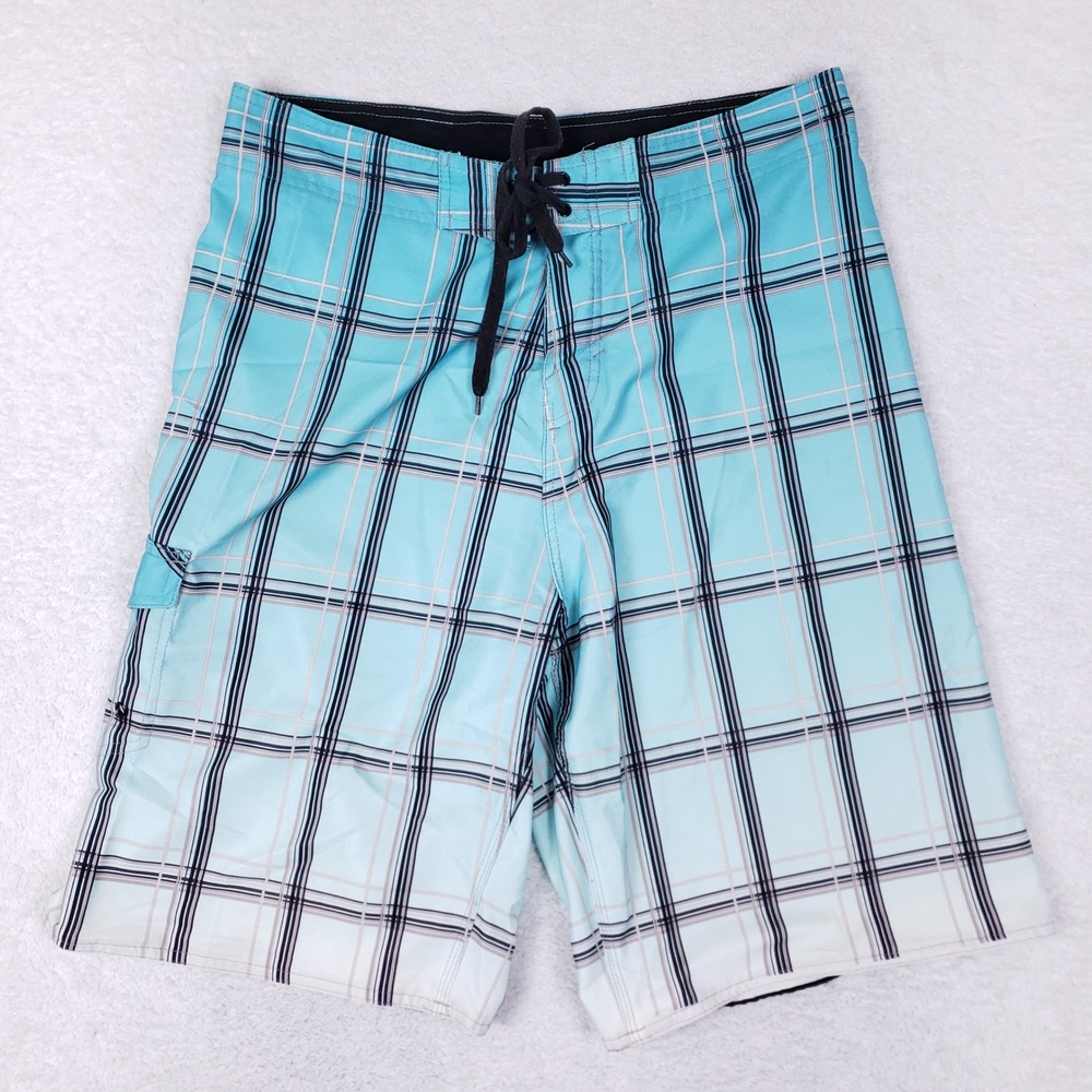 Burnside Board Shorts Mens 34 Plaid Gradient Blue Swim Trunks Surf Cargo Pocket